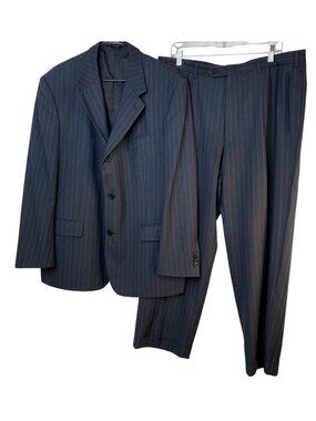 Mario Rossi Mens Navy Pinstripe  44S Suit Super 120s GUC Pleats Cuffed 3 Button